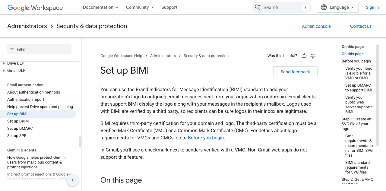 Google Workspace Help page describing BIMI setup and the VMC-verified Gmail checkmark.