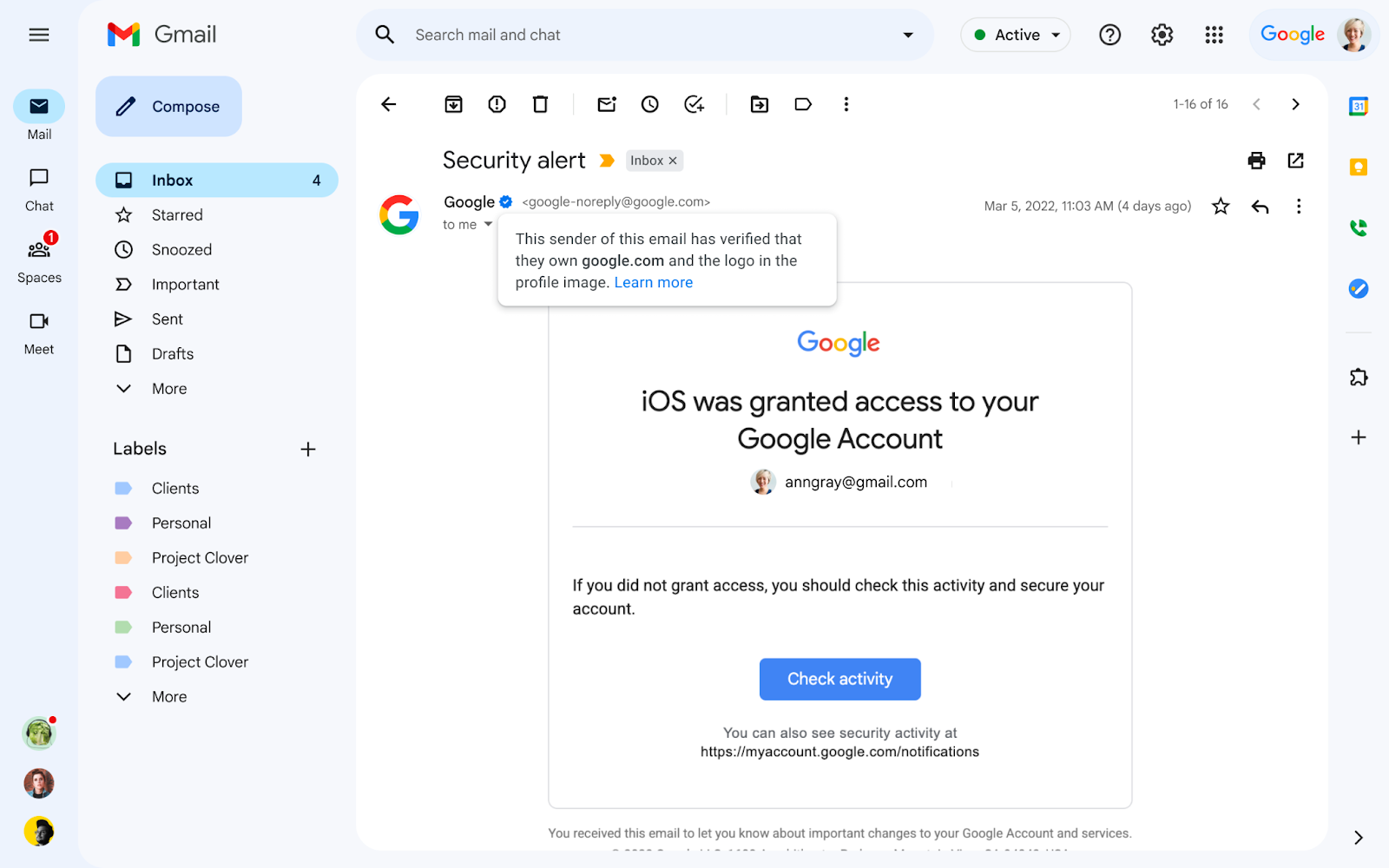 Gmail message with a blue verified sender checkmark and verification explanation.