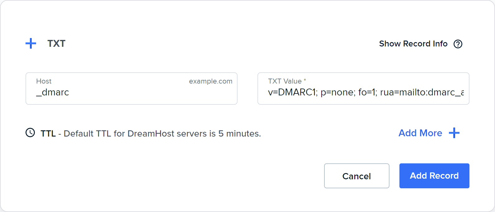 DreamHost TXT record editor showing the host and value fields for a DMARC policy record