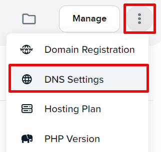 DreamHost interface menu showing the DNS Settings entry used to manage a domain's DNS records