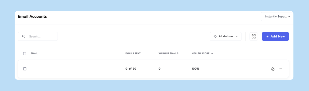 Instantly Email Accounts dashboard showing account-level Warmup information and Health Score