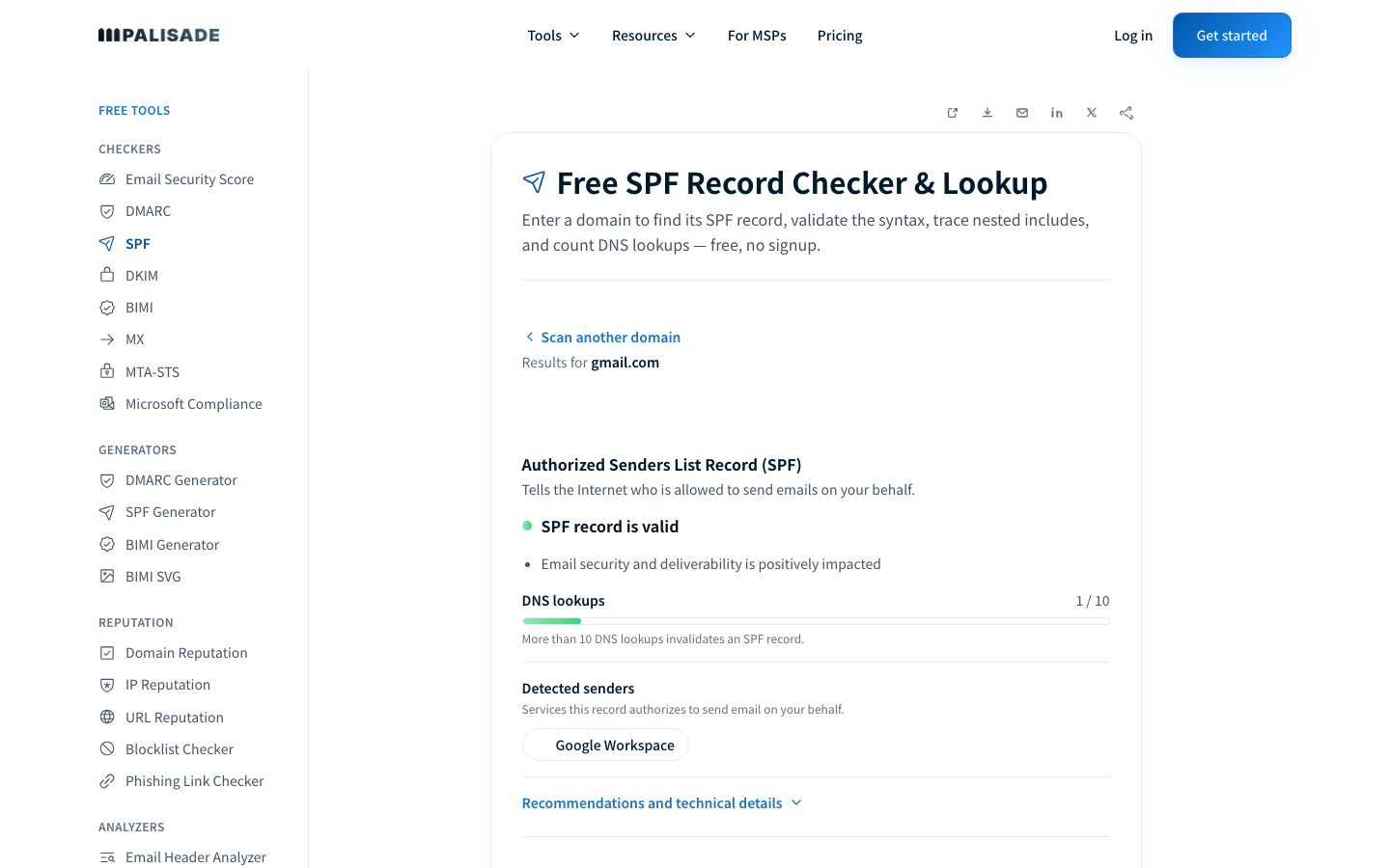 Palisade SPF checker showing a public SPF lookup result for the inspected domain
