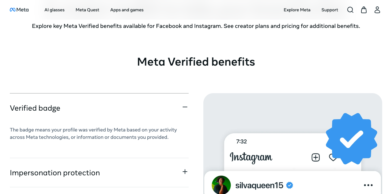 Meta Verified benefits page showing the Instagram verified badge and impersonation protection.