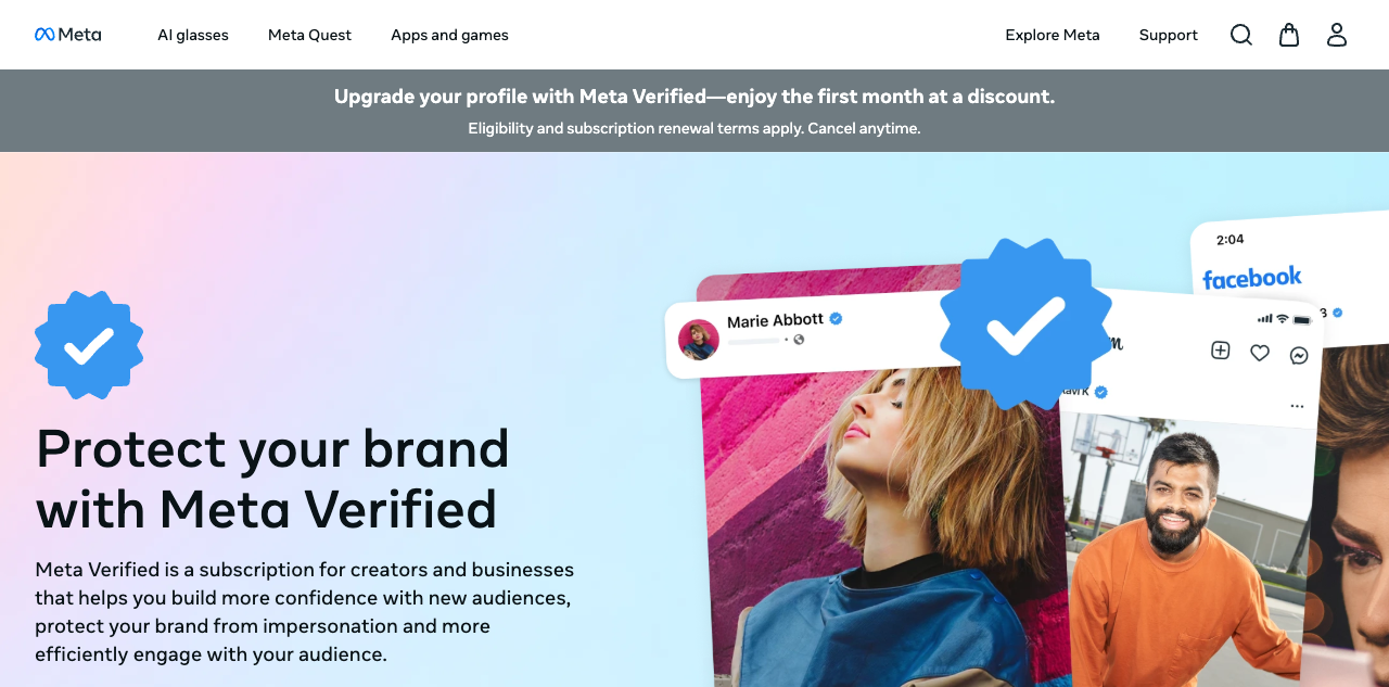 Meta Verified product page with Instagram and Facebook profile examples and verified badges.