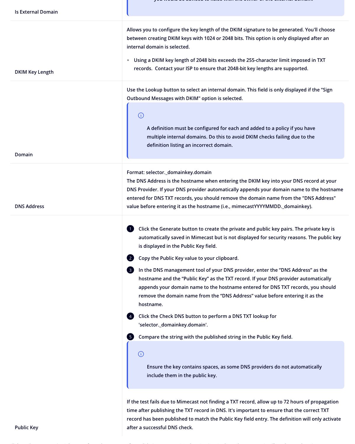 Mimecast's official DNS Authentication definition instructions for DKIM key length, domain, DNS address, and public key