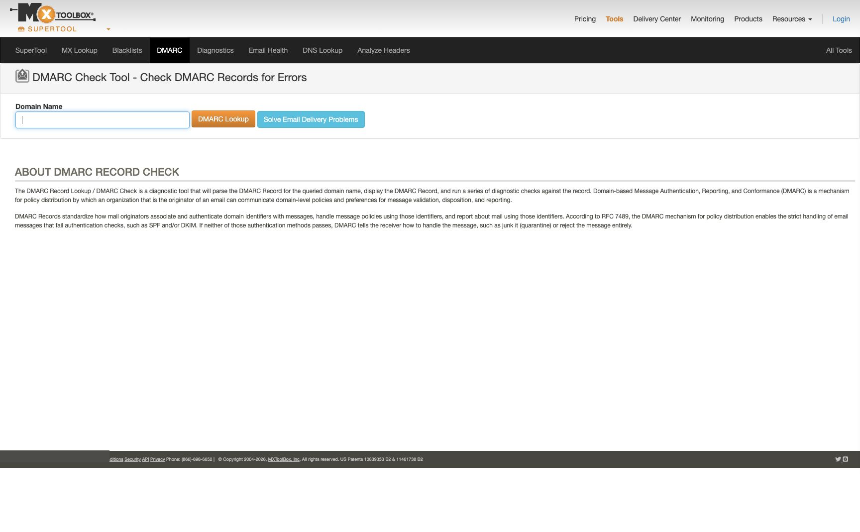 MXToolbox DMARC Check Tool showing the Domain Name field and DMARC Lookup button before a domain is submitted.