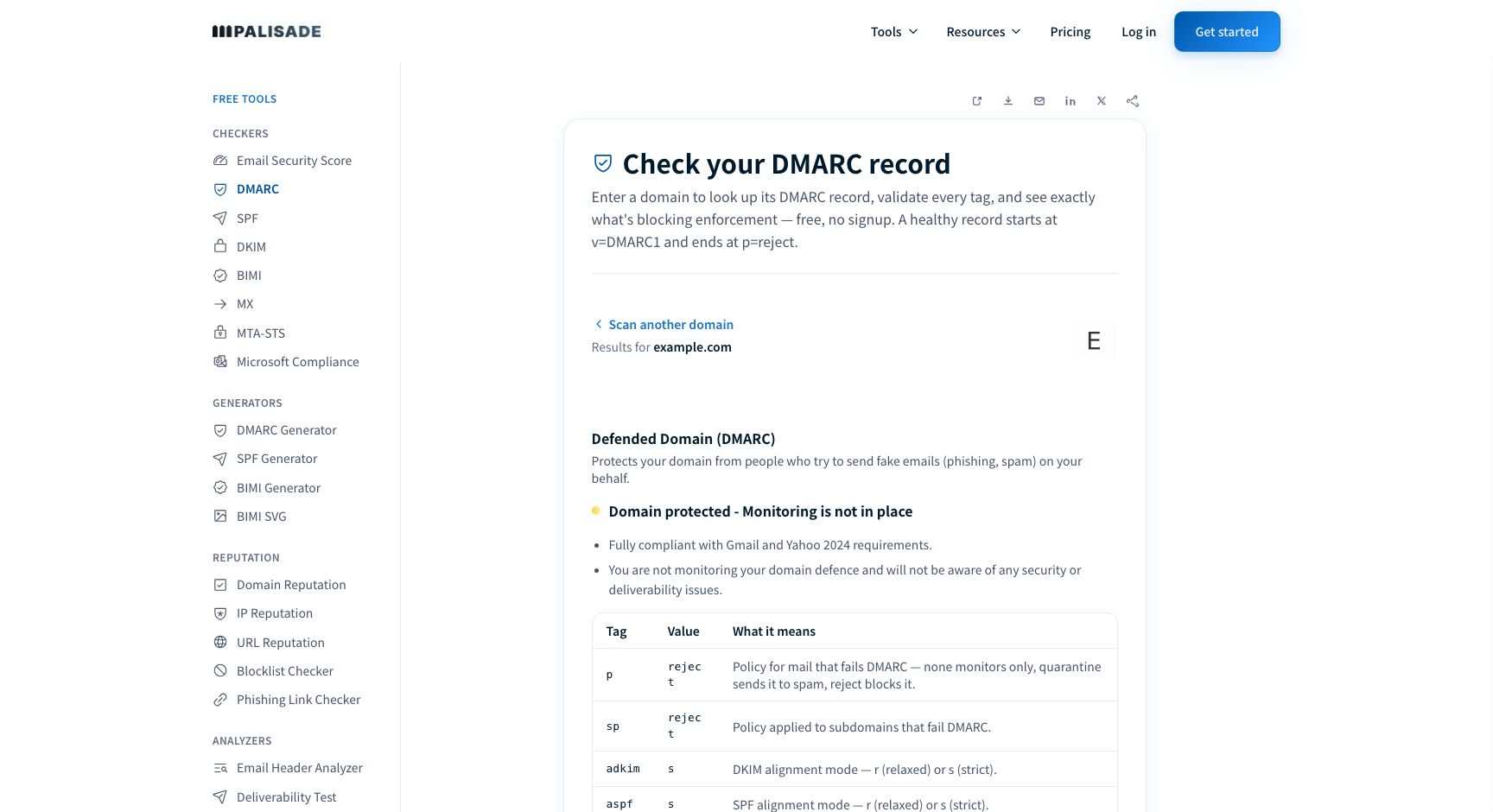 Palisade DMARC checker public result for example.com showing returned DMARC policy fields