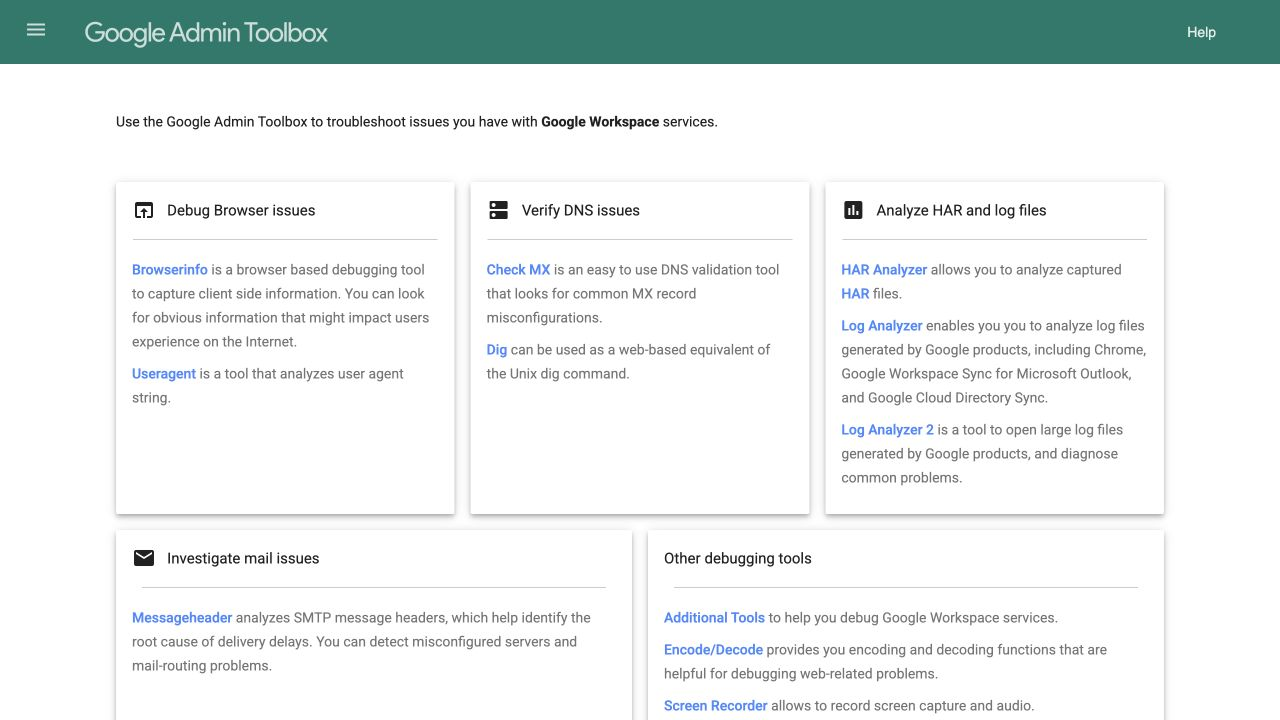 Google Admin Toolbox public directory showing Check MX, Dig, and Messageheader utilities.