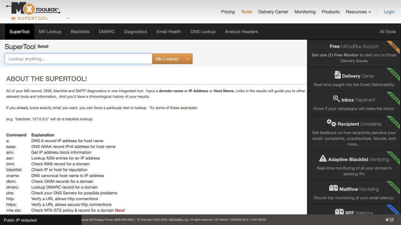 MXToolbox SuperTool public interface with its query field and diagnostic command list.