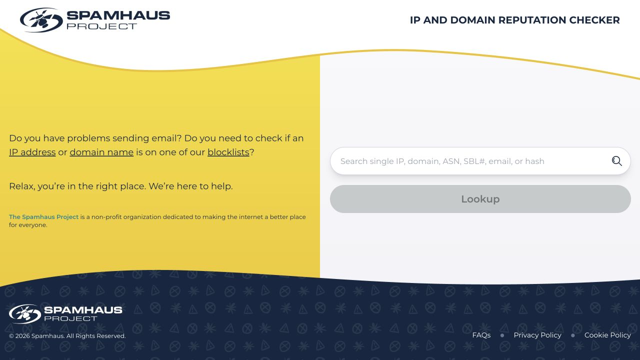 Spamhaus IP and Domain Reputation Checker public input screen.