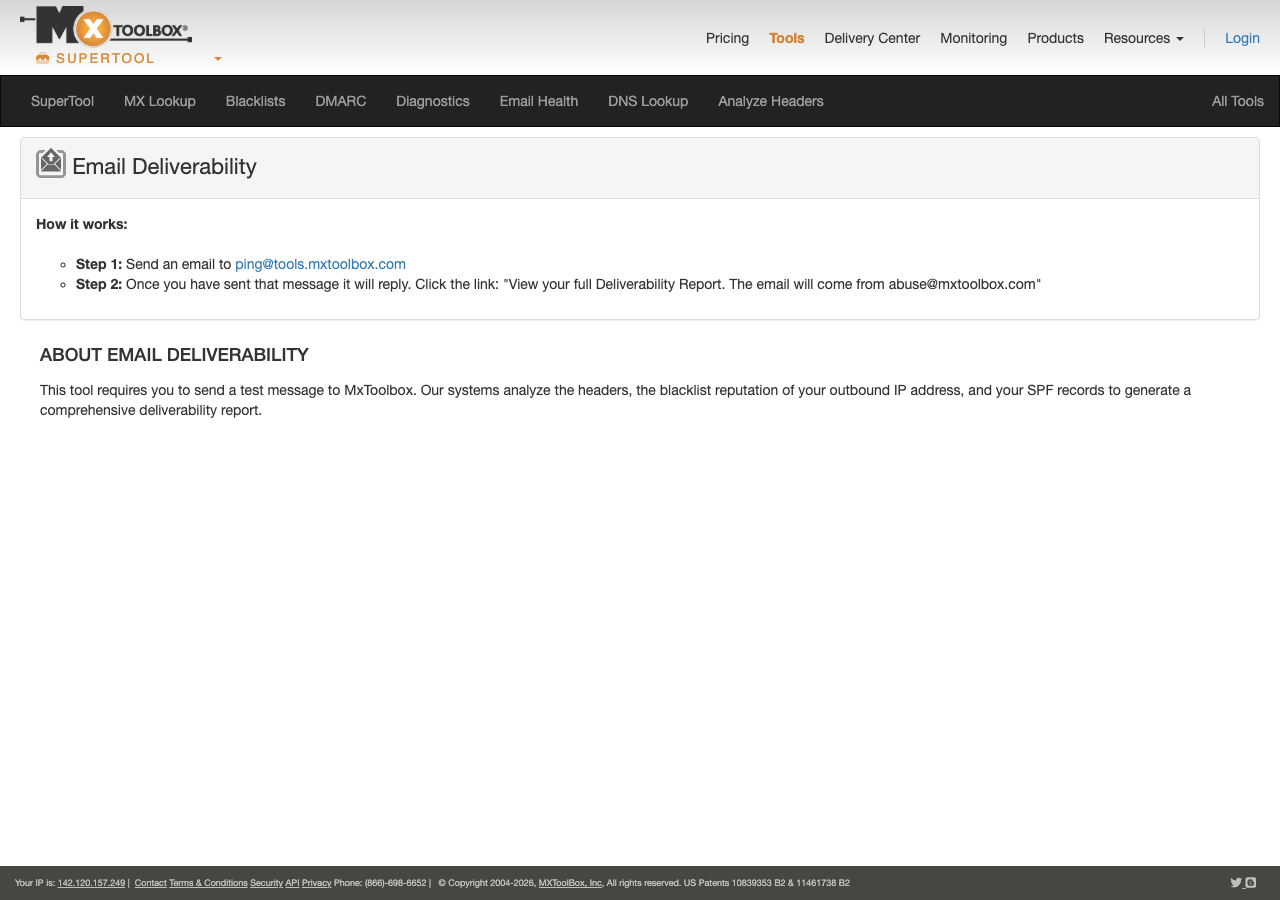 MxToolbox Email Deliverability page showing the test address and the two-step report workflow
