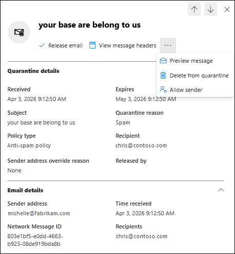 Microsoft Defender quarantine message-details flyout with available actions.
