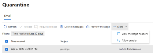 Microsoft Defender quarantine page action bar for a selected message.