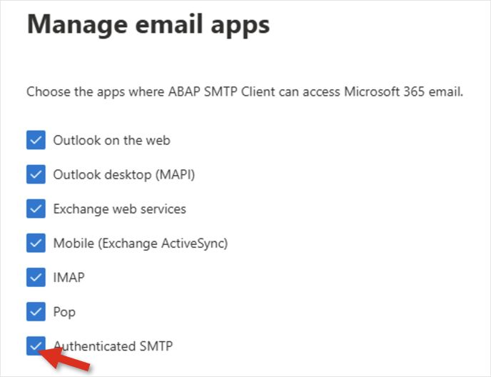 Microsoft 365 admin center Manage email apps panel showing the Authenticated SMTP mailbox control