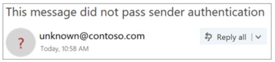 Outlook notice indicating that a message did not pass sender authentication