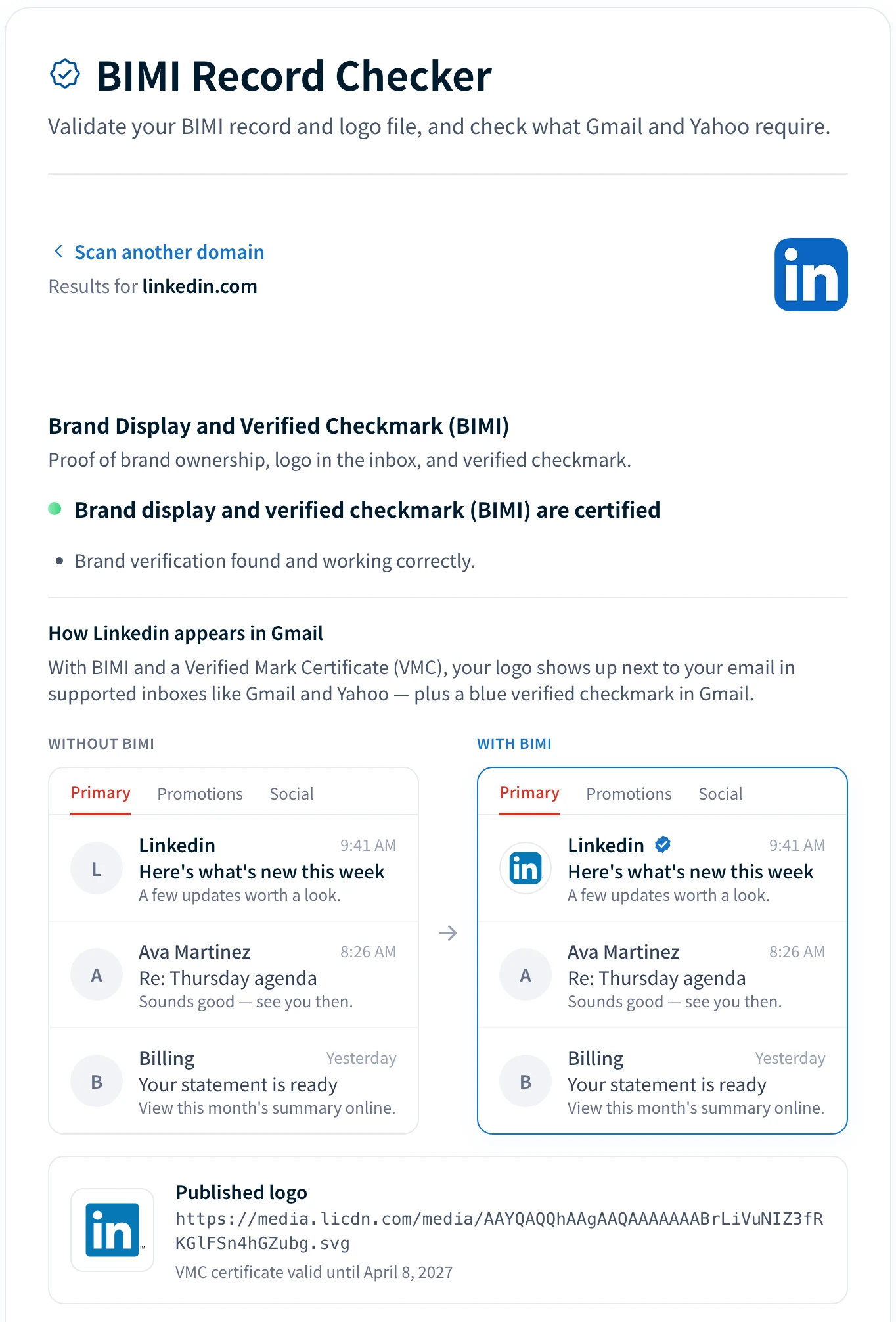 Palisade BIMI Record Checker showing a certified BIMI result for linkedin.com, the Gmail inbox preview, the published SVG logo, and the VMC expiry date.