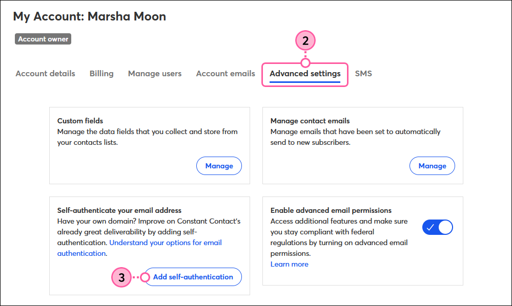 Constant Contact Advanced settings with Add self-authentication highlighted