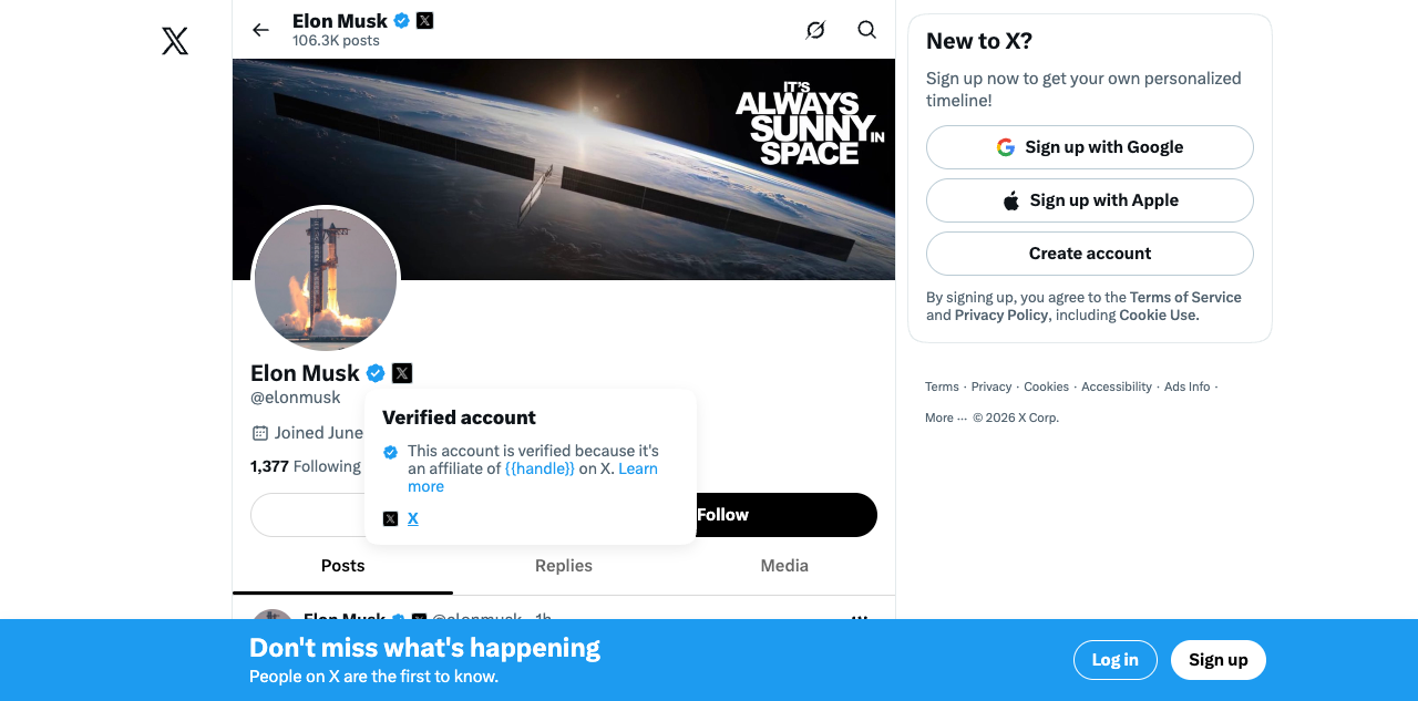 Public X profile displaying a blue verified checkmark and its verification popover.