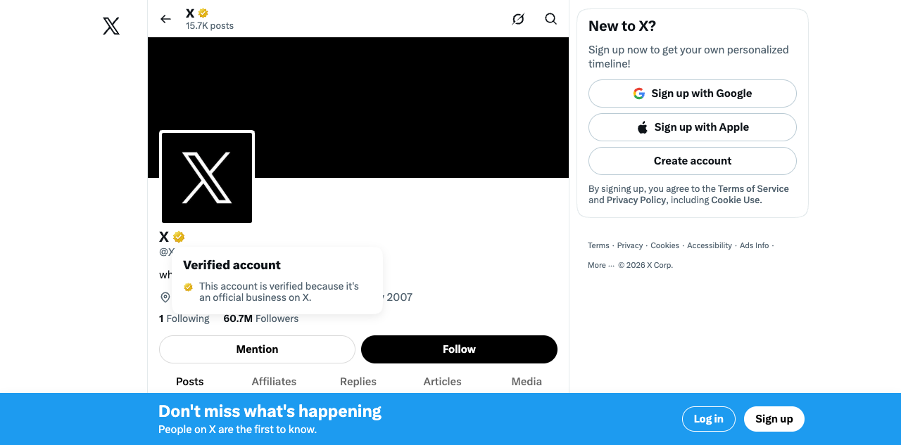 Official X public profile with a gold checkmark and a popover explaining that it is an official business.