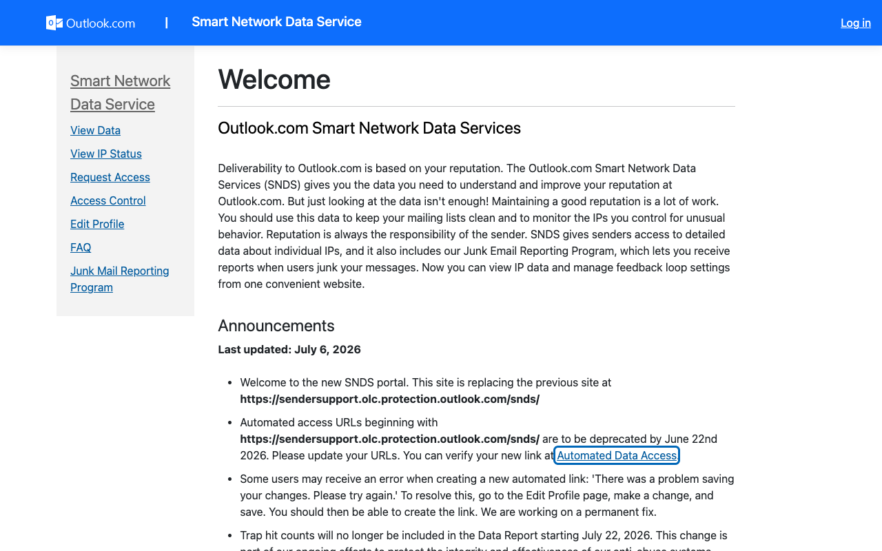 Microsoft SNDS landing page showing data, IP-status, access-request, and JMRP navigation