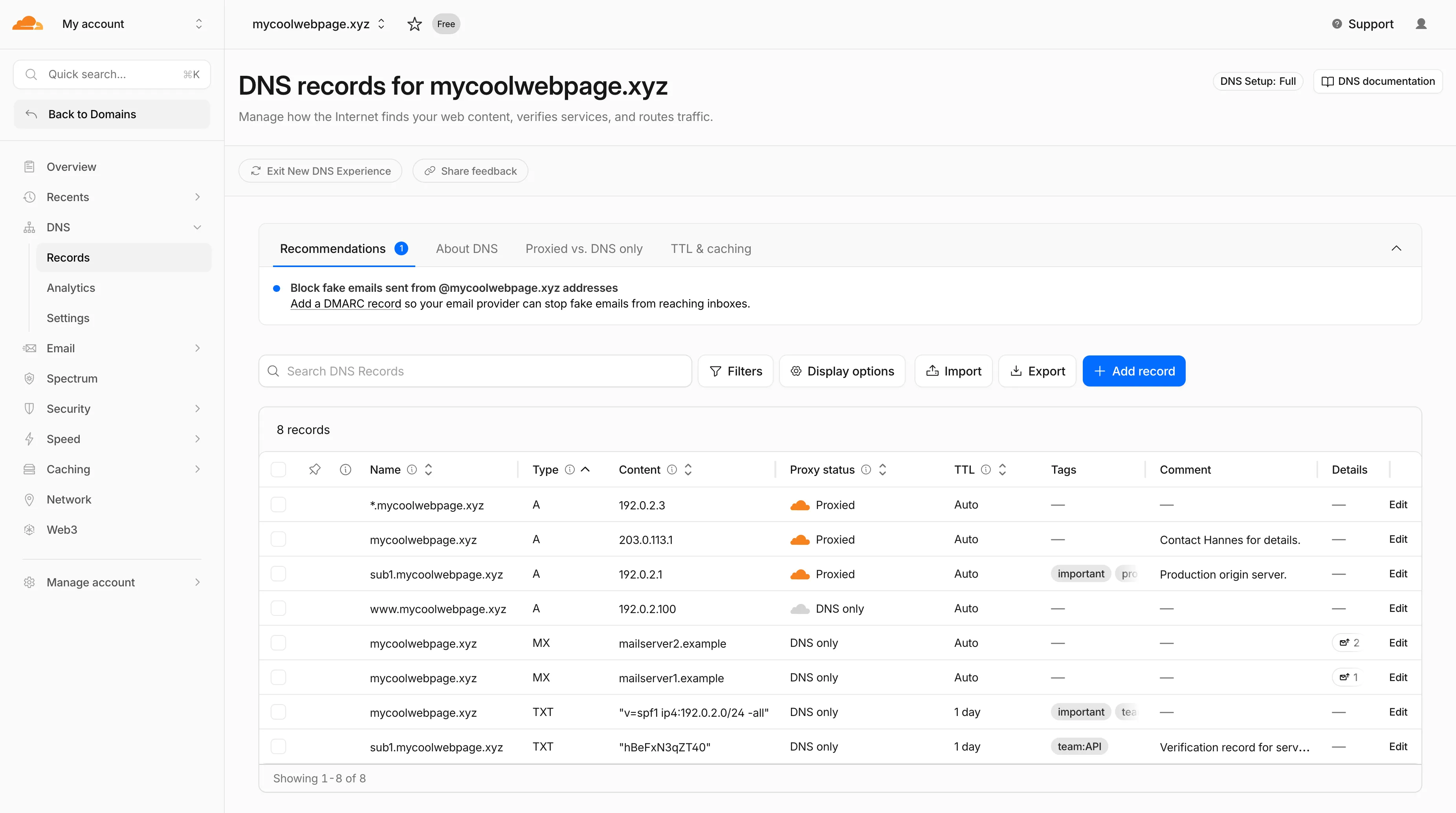 Cloudflare DNS records table with search, filters, columns, and the Add record control.