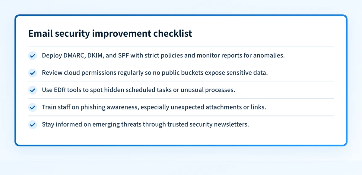 Checklist of five actions organizations can take to improve email security.