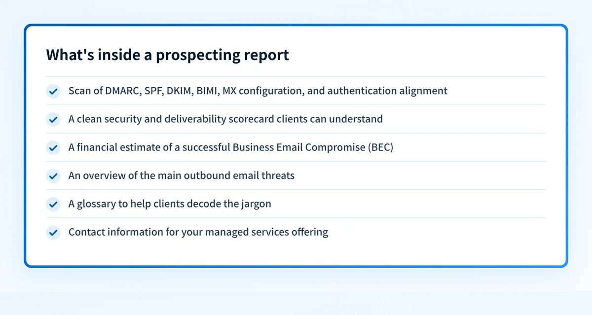 Checklist of everything included in a Palisade whitelabel prospecting report.