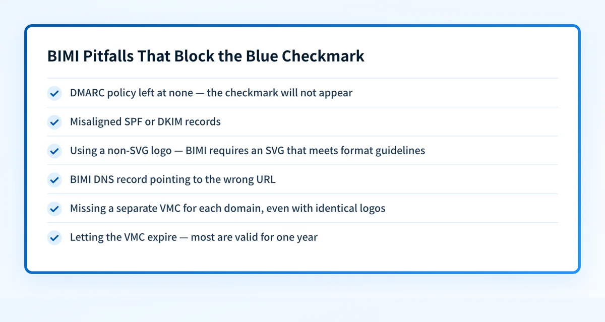 Checklist of common BIMI setup mistakes that prevent Gmail's blue checkmark from appearing.