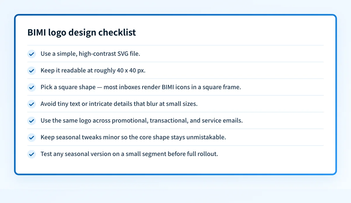 Checklist of design rules for a BIMI-compatible retail logo.
