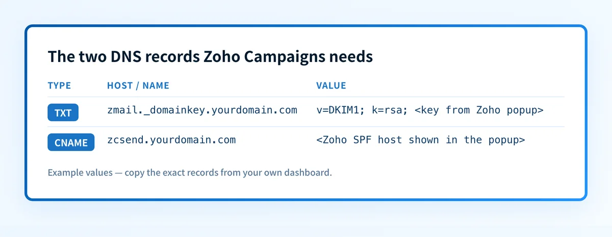Table of the two DNS records for Zoho Campaigns: a DKIM TXT record on a zmail._domainkey host and an SPF CNAME, shown with placeholder values.