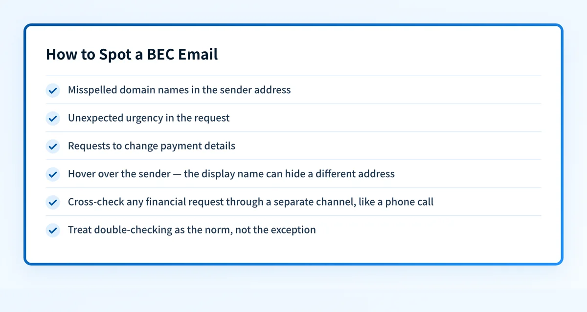 Checklist of six warning signs and verification habits employees can use to spot a business email compromise attempt.