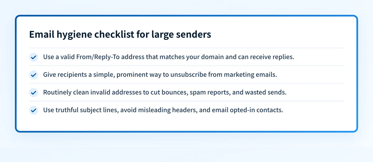 Checklist of four email hygiene practices for high-volume senders: valid sender addresses, easy unsubscribe, list cleaning, and honest email practices.