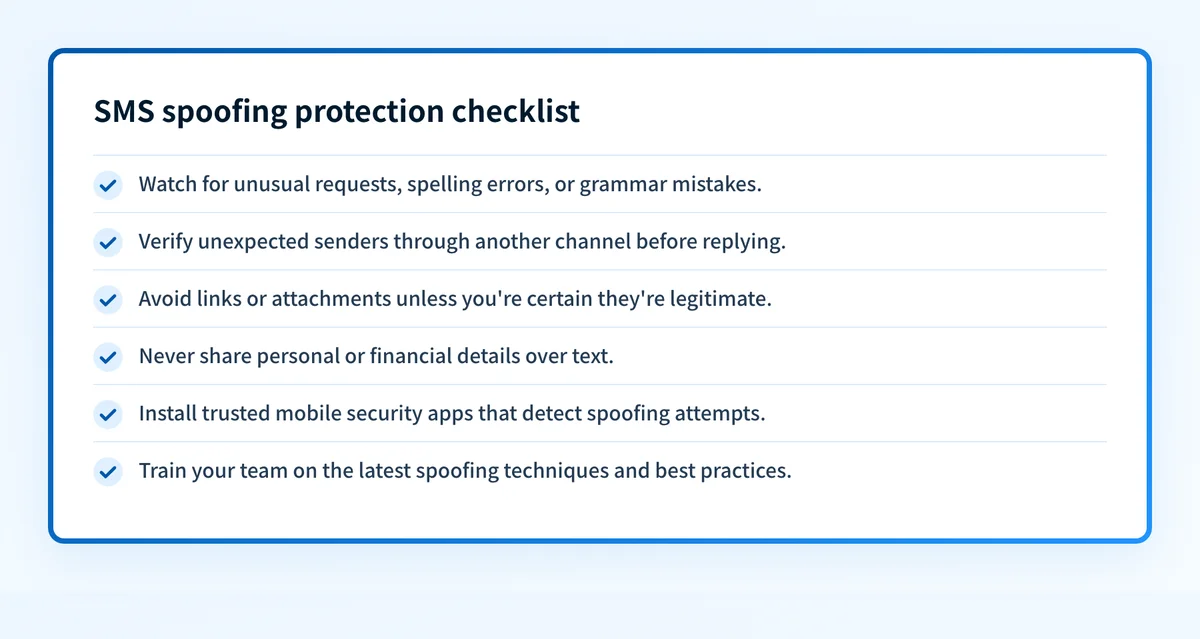 Checklist of six precautions for spotting and preventing SMS spoofing attacks.