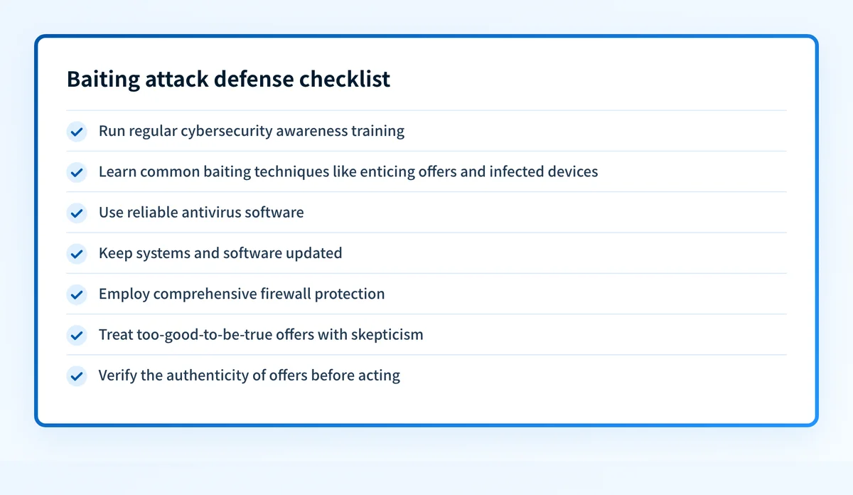 Checklist of protective measures individuals and organizations can take against baiting attacks.