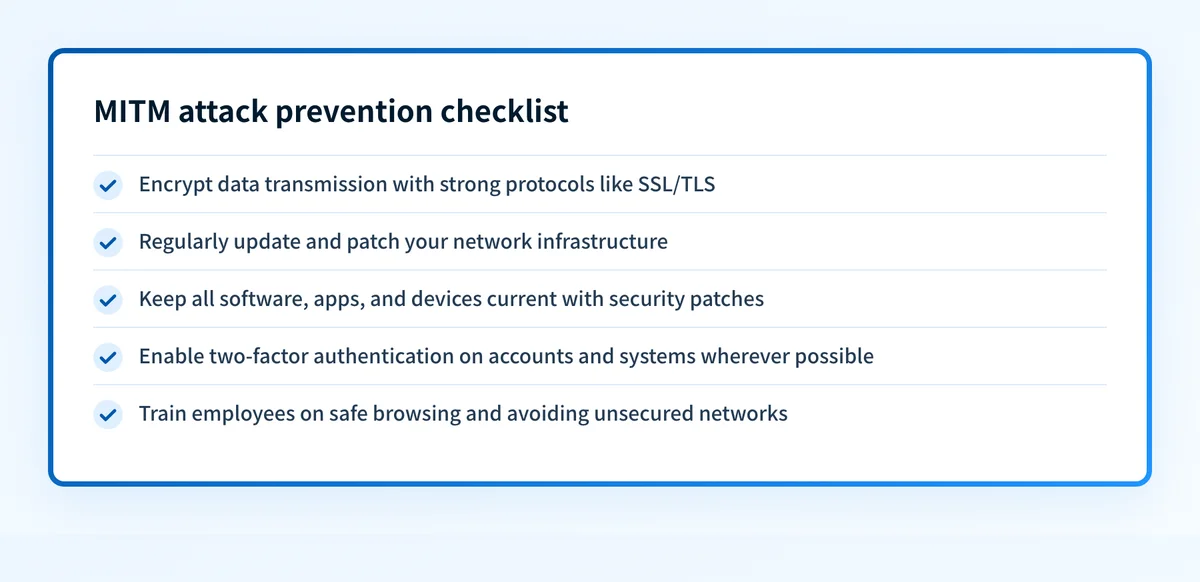 Checklist of five preventive measures that help protect a company network from MITM attacks.