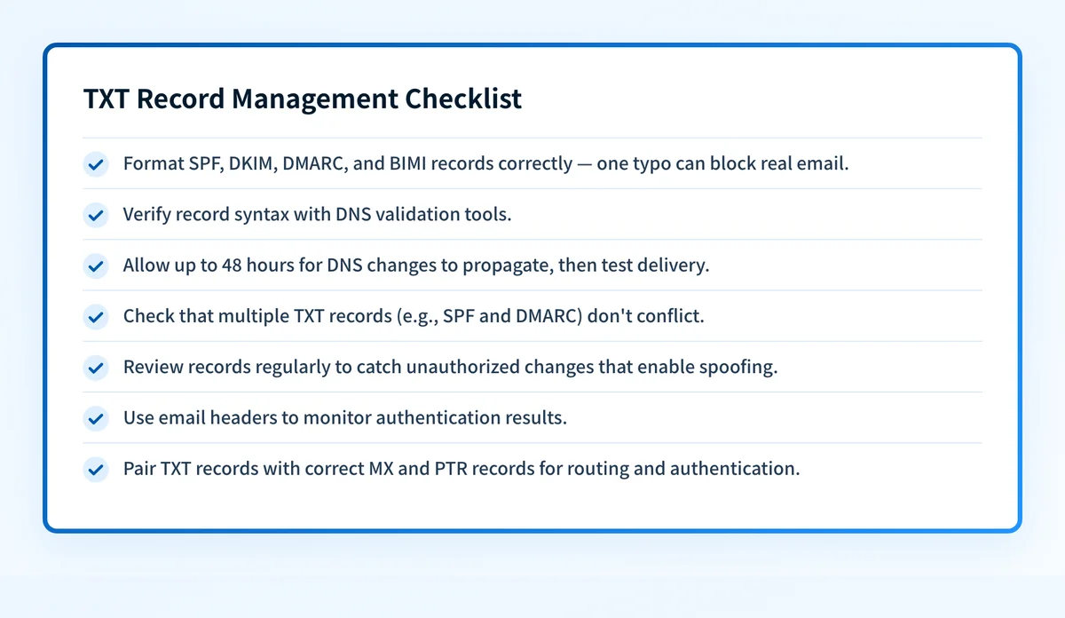 Checklist of seven best practices for configuring and monitoring TXT records.