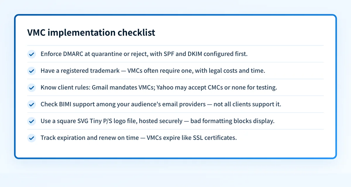 Checklist of the six requirements to plan for before implementing a VMC