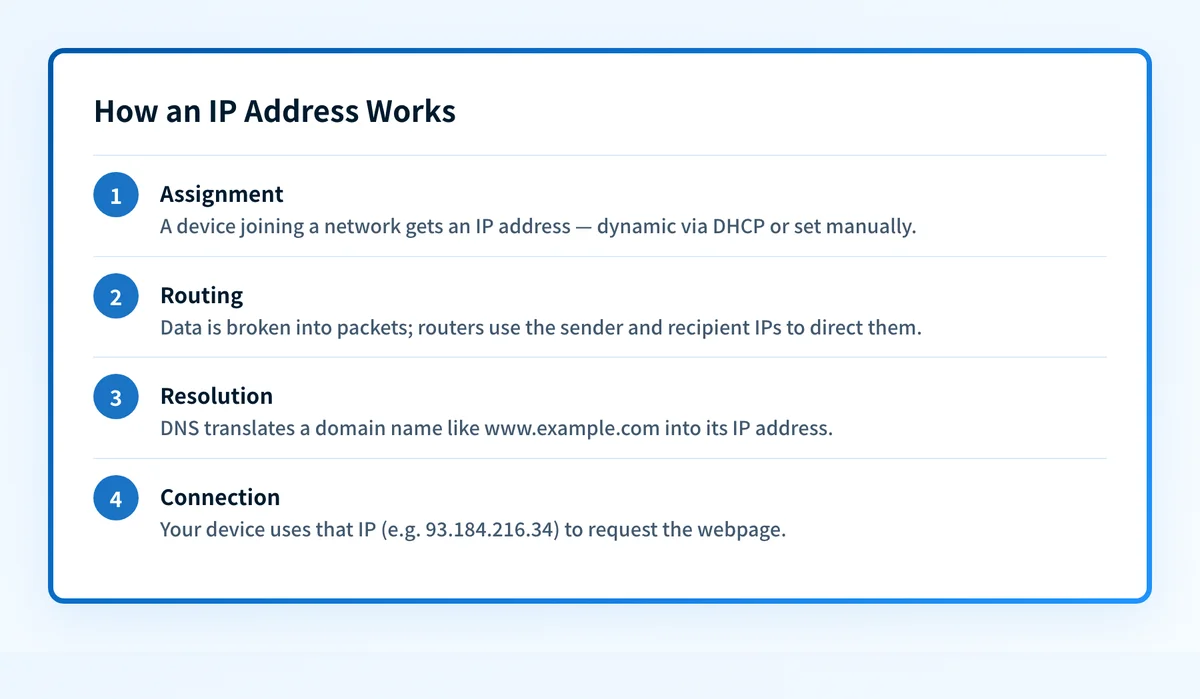 Four-step diagram showing how an IP address works: assignment, routing, DNS resolution, and connection.