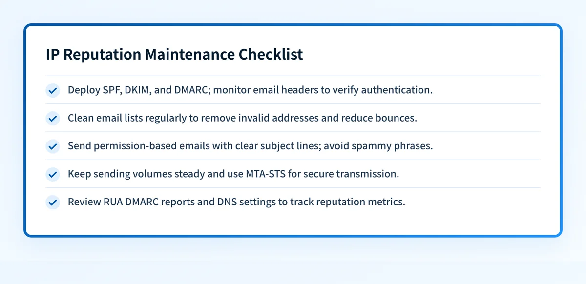 Checklist of five practices for maintaining a strong IP reputation, from authentication to DMARC report monitoring.