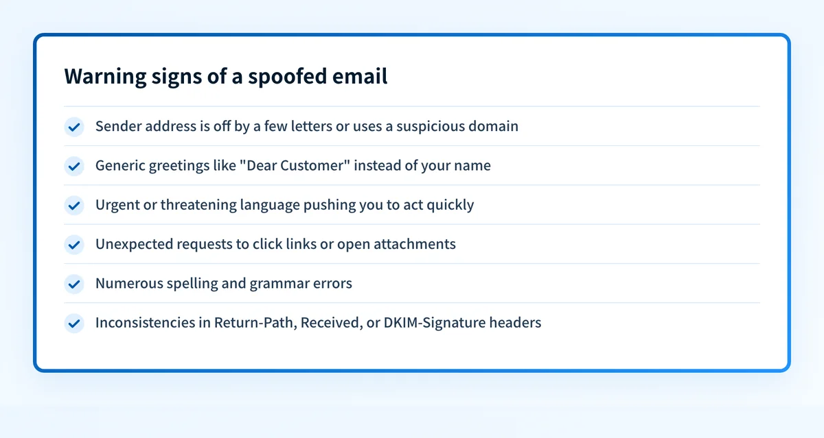 Checklist of six warning signs that an email may be spoofed, from mismatched sender addresses to header inconsistencies.