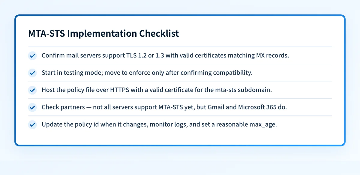 Checklist of five things to verify when setting up MTA-STS, from TLS support to policy maintenance.