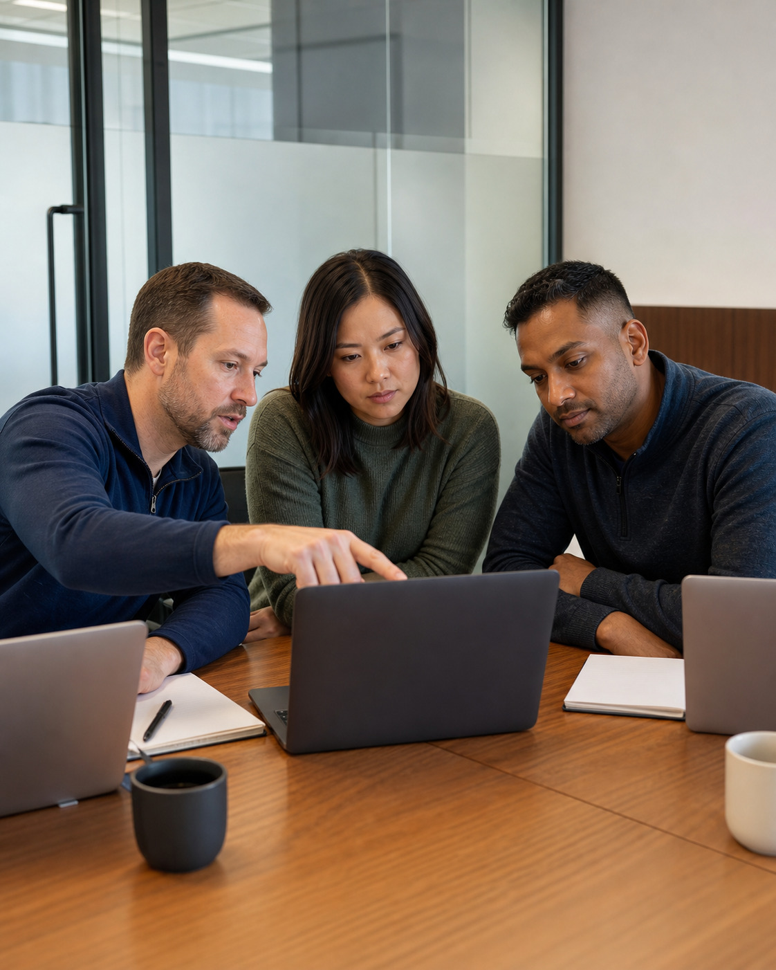 Three people reviewing a laptop in a conference room.